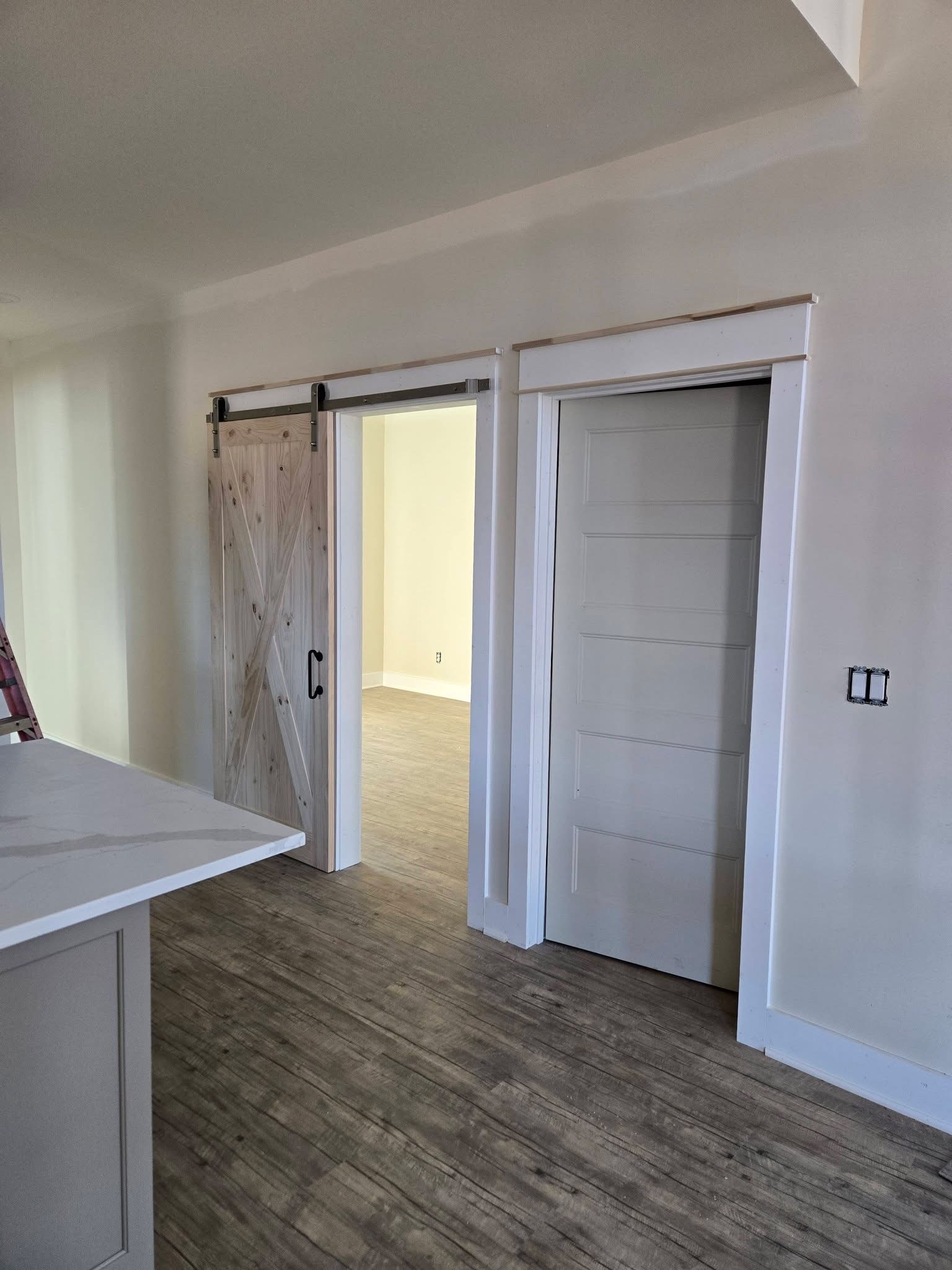 Sliding wood barn door and paneled interior door with white trim.